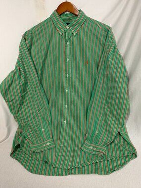 Ralph Lauren Blue Label 17 XL Classic Fit Green Orange Stripe Cotton Button Up